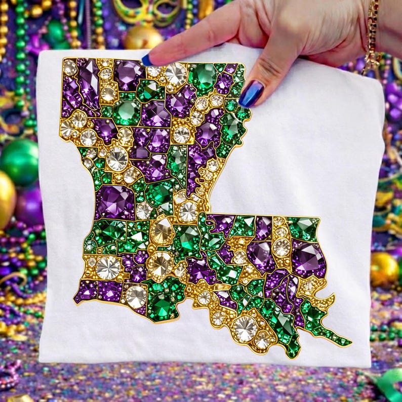 May include: White t-shirt featuring a jeweled outline of the state of Louisiana. The design is filled with purple, green, and clear gemstones, outlined in gold. The shirt is held up by a hand with blue nail polish.