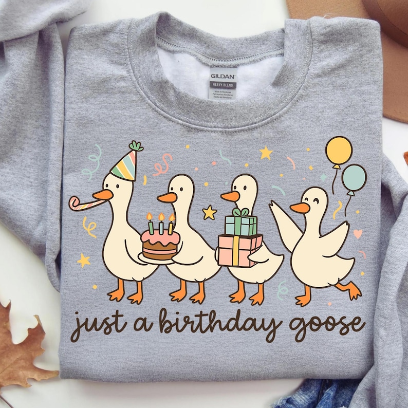 May include: A gray sweatshirt featuring a whimsical illustration of four cartoon geese celebrating a birthday. One goose wears a party hat and carries a party horn, while another carries a cake. The text "just a birthday goose" is below the geese.