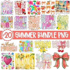 Op de afbeelding: Een verzameling kleurrijke digitale ontwerpen met een zomerthema. De ontwerpen bevatten tekst zoals "Summer Vibes", "Hot Mom" en "Sun Kisser", samen met afbeeldingen van fruit, strikken en tropische elementen. De tekst "+20 SUMMER BUNDLE PNG" is ook aanwezig.