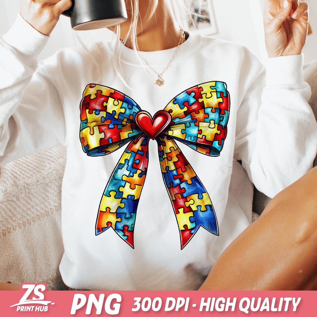 Autism Awareness Bow PNG, Puzzle Piece Coquette Ribbon Design Colorful ...