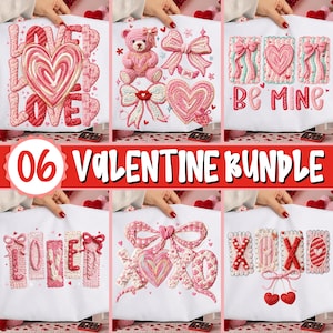 Op de afbeelding: Zes Valentijnsdagontwerpen met geborduurde harten, strikken en de woorden "LOVE", "Be Mine" en "XOXO". De ontwerpen zijn in roze en rood, met een teddybeer in één ontwerp.