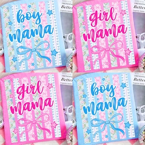 May include: Four decorative gift bags with the phrases "boy mama" and "girl mama" in script. The bags are pink and blue with floral and striped patterns, bows, and star accents. The text "TRENDING BETTER Experts insist" is also visible.