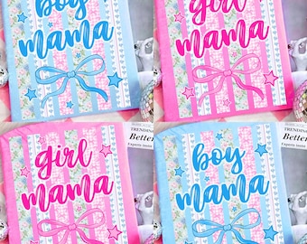 May include: Four decorative gift bags with the phrases "boy mama" and "girl mama" in script. The bags are pink and blue with floral and striped patterns, bows, and star accents. The text "TRENDING BETTER Experts insist" is also visible.