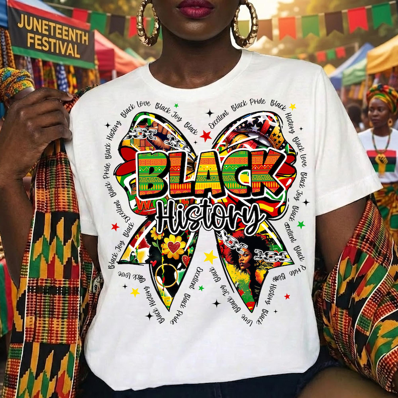 May include: White t-shirt with a large bow design featuring the words "BLACK HISTORY" in bold letters. The bow incorporates vibrant colors and patterns, with additional text around the bow. The shirt is part of a Juneteenth Festival.