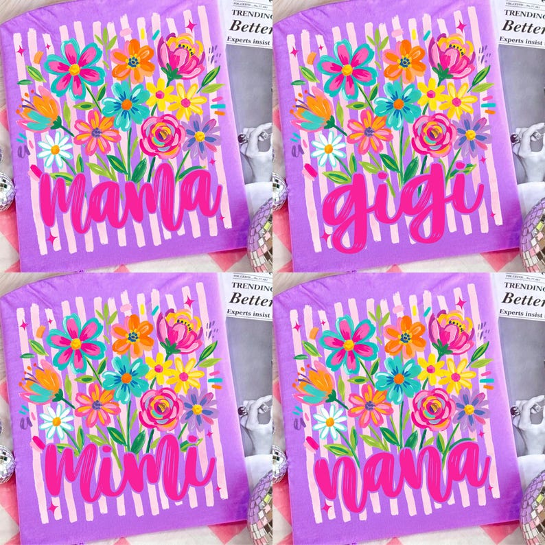 Zestaw Mama w paski z dzikimi kwiatami w formacie PNG, Modna, delikatna, kwiatowa mama w formacie PNG, Kwiatowa babcia w formacie PNG, Preppy Gigi Nana w formacie PNG, Mimi Motherhood w formacie PNG zdjęcie 3