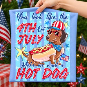 Puede incluir: Camiseta azul claro con un dibujo de un perro salchicha con gafas de sol, sombrero y bufanda, con un perrito caliente. El texto dice: "You look like the 4th of July, Make me want a hot dog."
