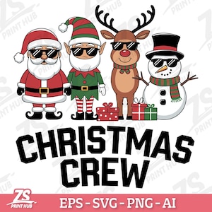 Descarga digital SVG PNG de equipo navideño, divertido clipart de Papá Noel, elfo, reno y muñeco de nieve, diseño festivo de grupo, lindo archivo de arte navideño