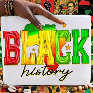 May include: White t-shirt featuring the words "BLACK history" in vibrant colours. The word "BLACK" is in red, yellow, and green, with an African map design. The word "history" is written in black script.