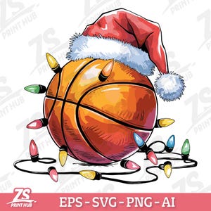 Op de afbeelding: Een basketbal met een kerstmanmuts erop, omringd door kleurrijke kerstverlichting. De basketbal is oranje en bruin met zwarte lijnen.