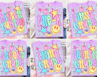 Striped Neon Back To School Png Smiley Bundle, Striped Summer School Png, Pre-k First Second Grade Png, School Png, Colorful Grade Png