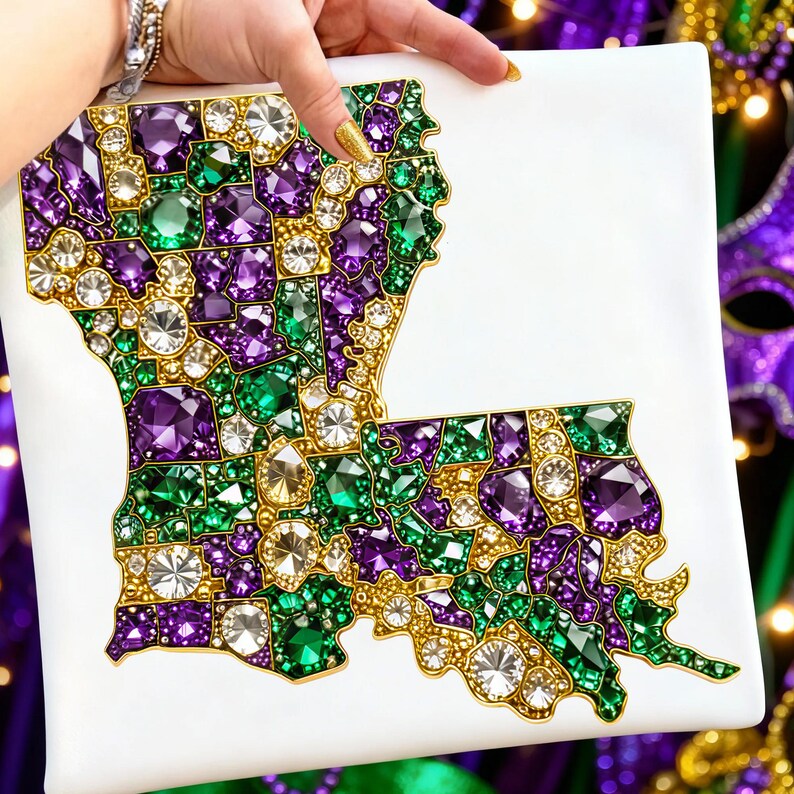 May include: A white square canvas featuring a jeweled outline of the state of Louisiana. The design is filled with purple, green, and clear gemstones, with gold-colored borders. The gemstones are arranged to resemble the state's shape.