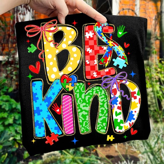 Be Kind Autism Awareness Sublimation Png, Coquette Bow Puzzle Piece Be Kind Png, Checkered Autism Awareness Be Kind Sublimation Png