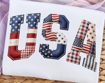 Patchwork USA Buchstaben Png, Faux Stickerei USA Png, Gingham USA Muster Png, 4