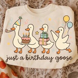 May include: Cream-colored sweatshirt with a whimsical illustration of four cartoon geese celebrating a birthday. One goose wears a party hat and another carries a cake. The text "just a birthday goose" is printed below the geese.