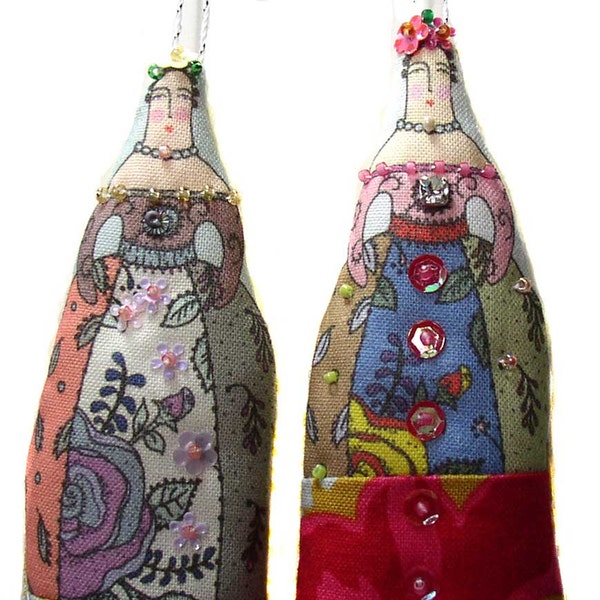 2 small textile art cloth art doll flower ladies ornaments