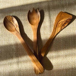 Handmade Olive Wood Utensil Set – Rustic Spoon, Spatula & Salad Fork | Eco Friendly Kitchen Tools | Sustainable Cooking Gift