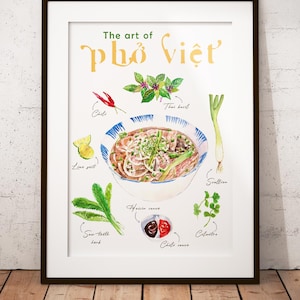 Poster stampabile phở vietnamita acquerello dipinto a mano cucina arte murale cibo arte cucina asiatica colazione Vietnam menu ricetta noodle zuppa