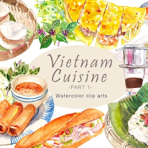 Arte de aquarela de comida vietnamita Cozinha asiática Banh mi Banh Xeo Rolinhos primavera Café Adesivo pintado à mão Álbum de recortes Receita de menu Goi Cuon