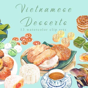 Vietnamesisch Gebäck Aquarell Clip-Arts Asiatisch Küche Banh Aufkleber Scrapbook Menü Rezept Küche Dessert Food Art Vietnam