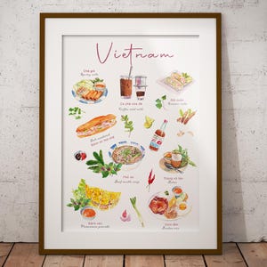 Vietnamese food wall art watercolor printable digital Asian cuisine pho com tam hu tieu banh mi banh xeo Vietnam noodles broken rice poster