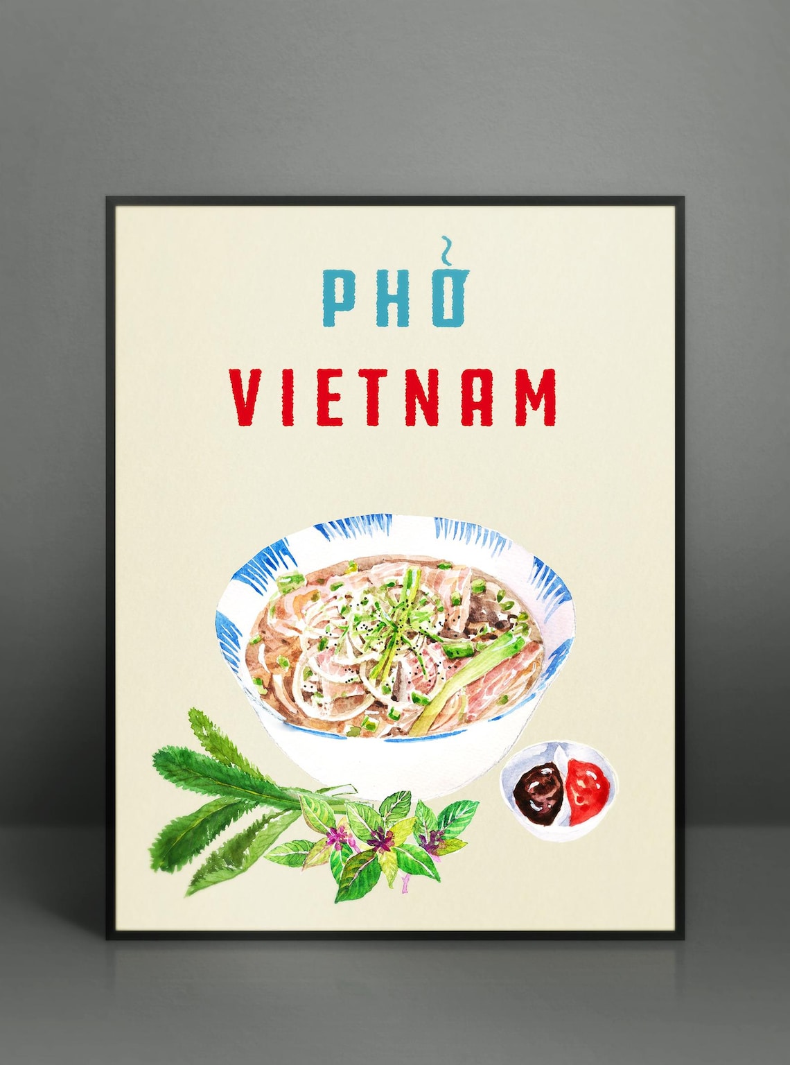 Vietnamese Phở Printable Vintage Poster Watercolor Hand-painted Kitchen ...