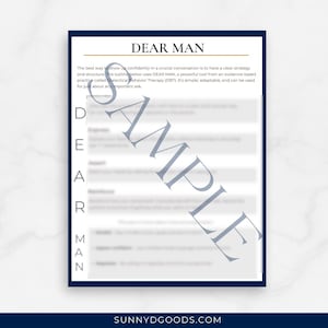 May include: A white document with a dark blue border features the text "DEAR MAN" at the top. The document includes an outline and the text "SUNNYDGOODS.COM" at the bottom. A watermark that says "SAMPLE" is across the document.