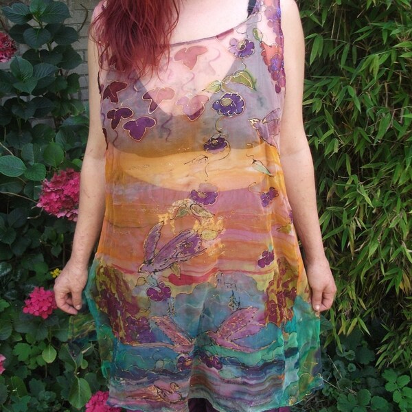 Hand painted pink peach turquoise and purple chiffon silk top motif birds asia landscape sunrise spring size M.