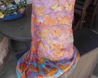 Hand painted orange blue gold and purple chiffon silk top butterfly flowers floral sunrise spring size S.