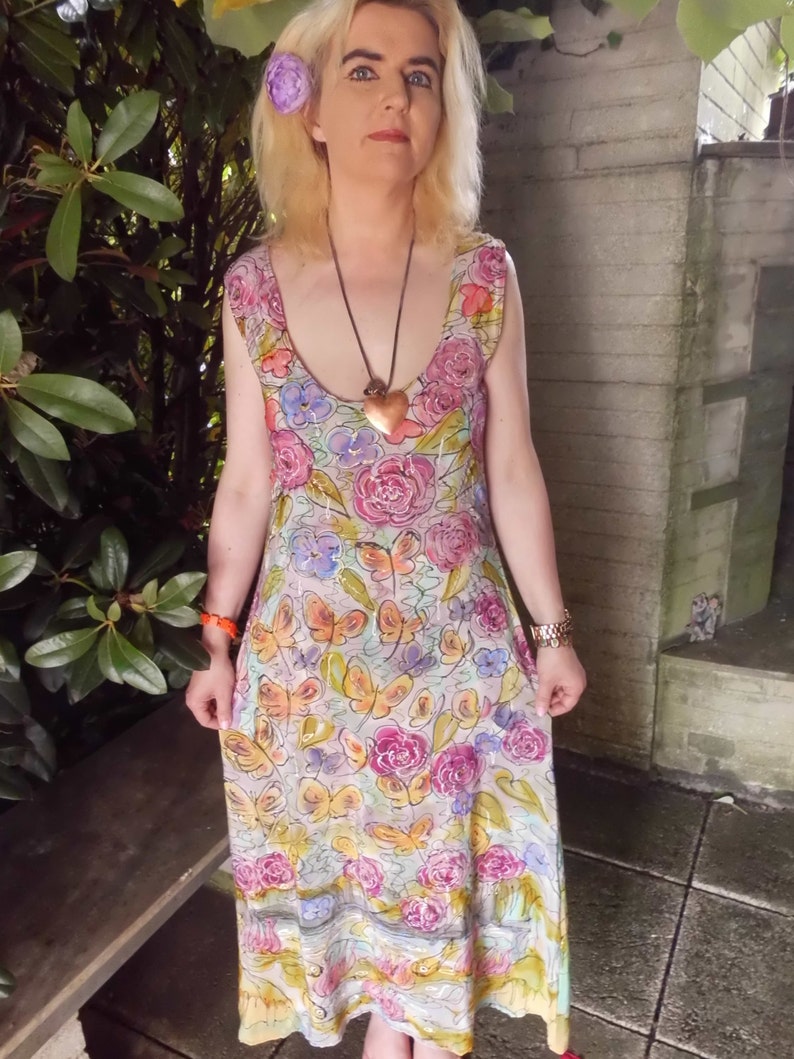 Summer dress grey yellow maxi dress boho dress sleeveless floral dress flower butterflies long silk size S-M .
