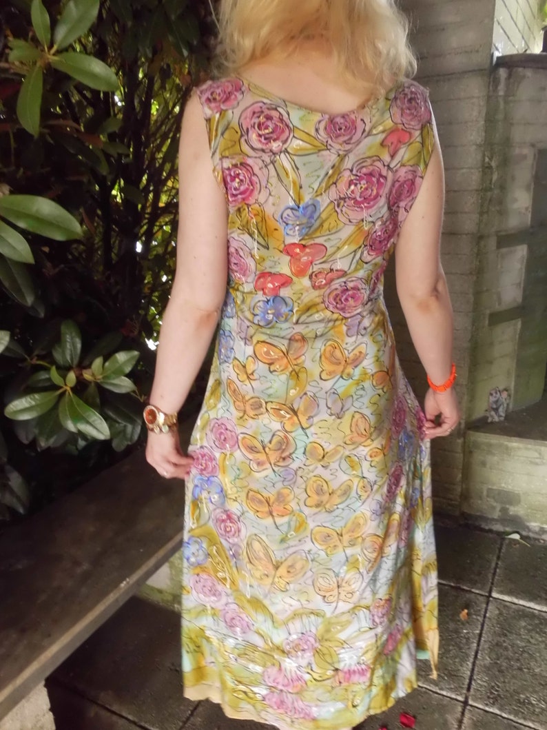 Summer dress grey yellow maxi dress boho dress sleeveless floral dress flower butterflies long silk size S-M .