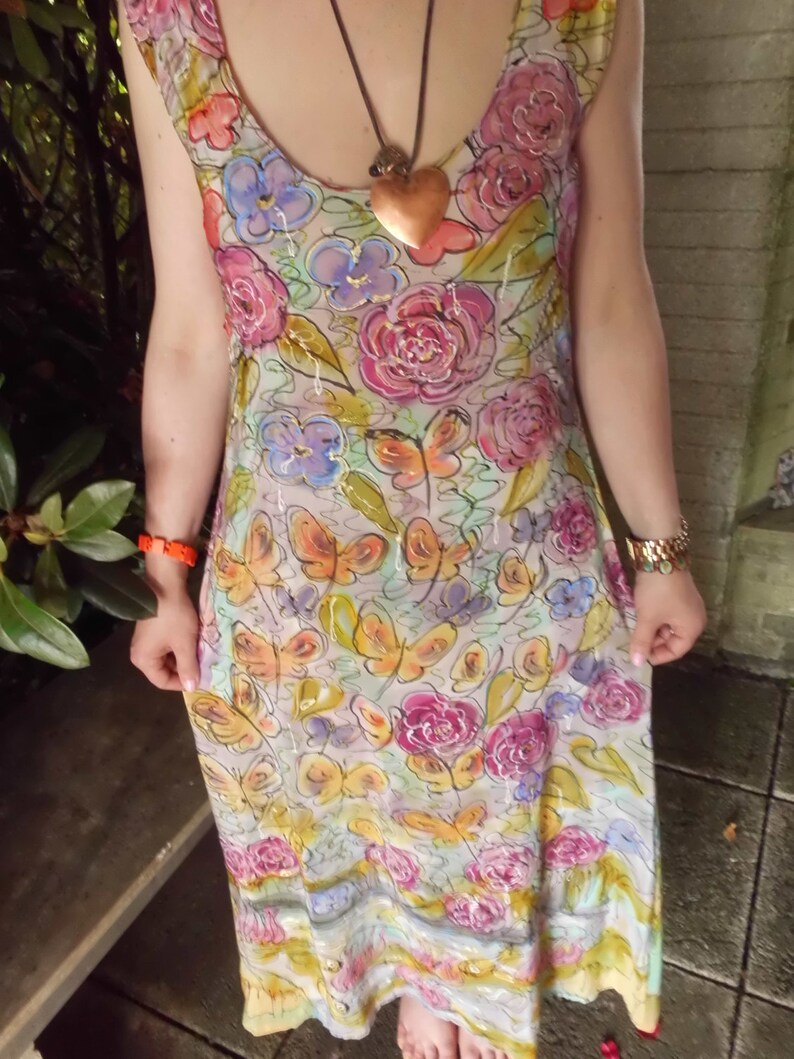 Summer dress grey yellow maxi dress boho dress sleeveless floral dress flower butterflies long silk size S-M .