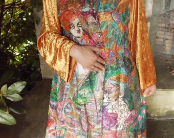painted silk coat gold green orange yellow silver  motif mermaid flowers floral birds size L.