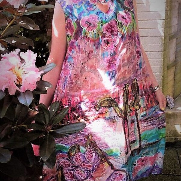 Hand painted silk dress long sleeveless pink  black and purple  motif landscape birds and flowers in size L.