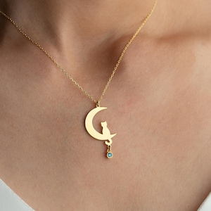 Personalized Cat Moon Necklace, Custom Birthstone Cat Necklace, Cat Lovers Gift, Minimalist Cat Charm Necklace, Cat Jewelry, Pet Memorial