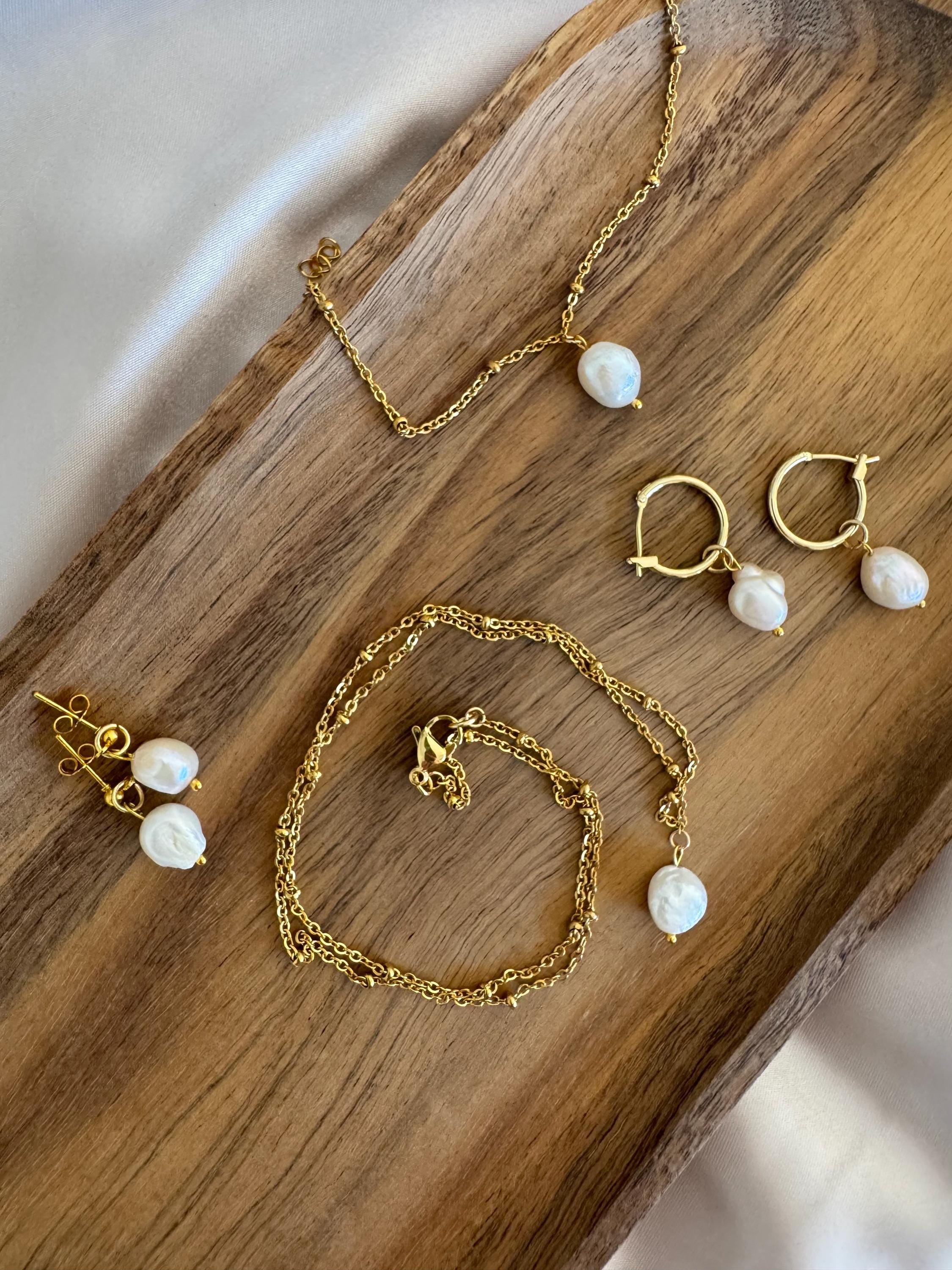 GAVU Collana Donna Oro 18k Con Perle Coltivate D'Acqua Dolce - Acciaio Inox 40+5cm