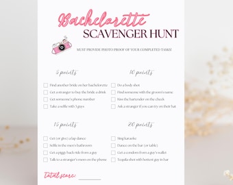 May include: A printable bachelorette scavenger hunt checklist with tasks and point values. The checklist includes tasks like "Get a stranger to buy the bride a drink" and "Sing karaoke".