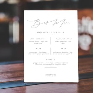 Menu de bar de mariage 8 x 10 pouces, carte de boissons moderne, cocktails spéciaux, modifiable, modèle à télécharger, minimaliste, classique