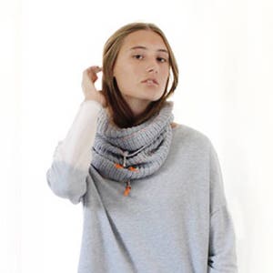 Grey scarf, grey and orange details, handmade scarf, circle scarf, everlasting scarf