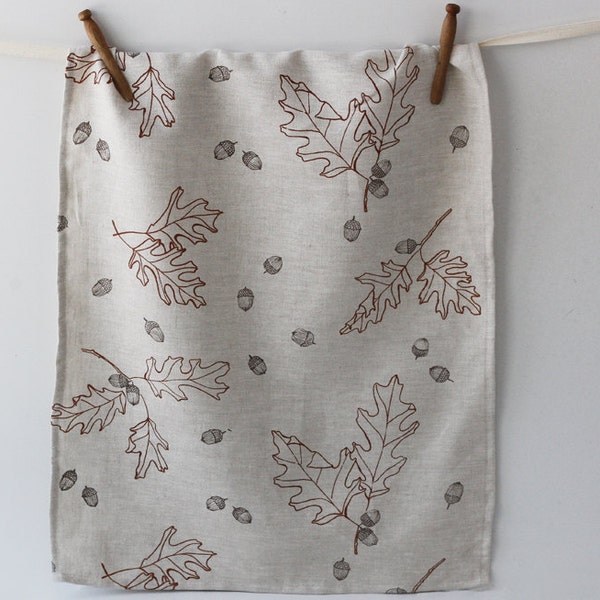 SALE - 50% OFF - Linen Tea Towel - Light Oak & Acorn