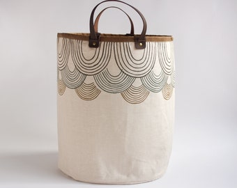 Gold Scalloped Large Basket. Hamper. Bucket Bag. Storage Bag. Tote. Yarn Basket. Knitting Bag. Fabric Bucket. Laundry Basket.