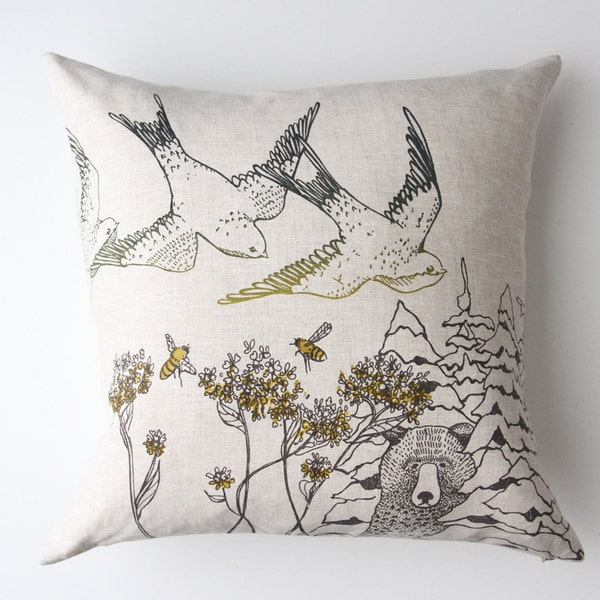 Birds & Bees Linen Pillow Cover. Cushion Cover. Pillow Case. Throw Pillow. Throw Cushion. Linen Cushion. Lumbar cushion. Accent Pillow.