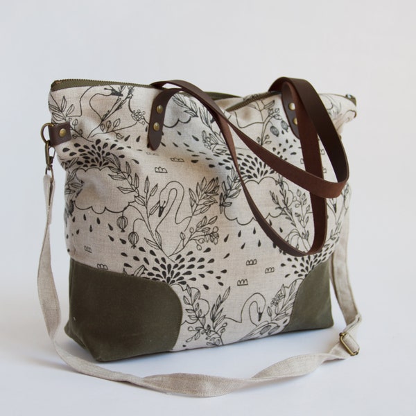 Swans Linen and Waxed Canvas Journey Bag. Shoulder Bag. Tote. Across body bag. Book Bag. Purse. Patterned Bag.