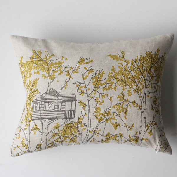 20% OFF - Linen Pillow Cover - Rectangle Yellow Tree Houses