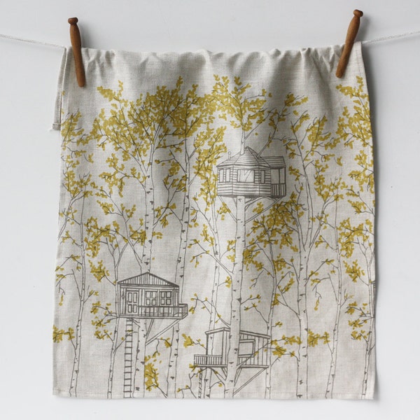 Linen Tea Towel - Yellow Tree Houses