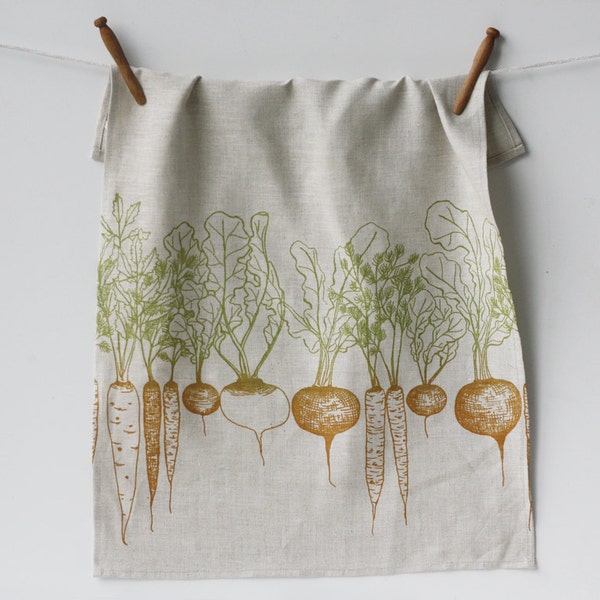 Root Vegetables Linen Tea Towel. Kitchen Linens. Dish Cloth. Teatowel. Farmhouse Kitchen. Hostess Gift.