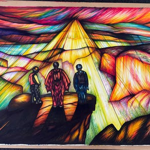 May include: A vibrant, multi-colored drawing depicting three figures in wingsuits standing on a cliff edge, looking toward a bright, glowing yellow mountain peak. The sky is filled with swirling streaks of red, purple, blue, and orange ink lines.