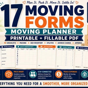Op de afbeelding: Een digitale verhuisplanner-set met 17 printbare en invulbare PDF-formulieren. De weergave bevat een verhuischecklist, een overdrachtsformulier voor nutsvoorzieningen, een doosinventaris, een inpaktracker en een onkostenoverzicht.