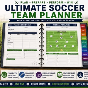 May include: A spiral-bound Ultimate Soccer Team Planner with 128 pages, featuring sections for training session plans and tactical formations. The planner includes a green soccer field diagram with numbered player positions and various organizational tabs.