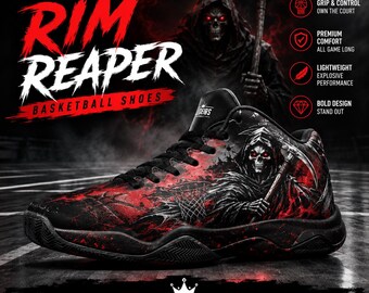 Zapatillas de baloncesto Rim Reaper / Zapatillas altas Grim Reaper / Zapatillas de baloncesto personalizadas / Ropa deportiva urbana / Baloncesto para hombre y mujer