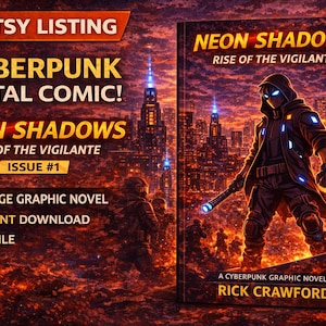 Könnte beinhalten: Digitales Comic-Cover mit dem Titel "Neon Shadows: Rise of the Vigilante". Das Bild zeigt eine futuristische Stadtlandschaft und eine Figur in einer Kapuzenjacke mit einem leuchtenden Stab. Das Etsy-Angebot bewirbt einen 26-seitigen Graphic Novel, der sofort als PDF-Datei heruntergeladen werden kann.